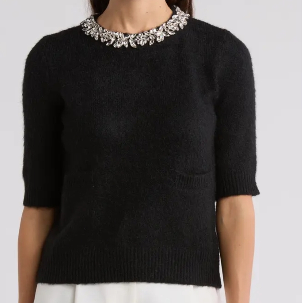Elie Tahari Black Crew Neck Sweater with Embellished Neckline